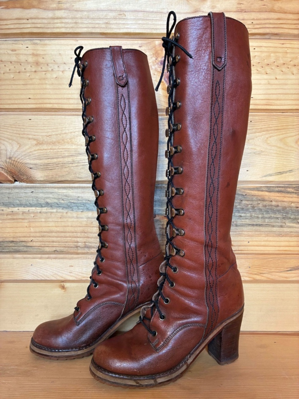 1970's Lace Up Campus Boots tall brown leather - Picture 10 of 13